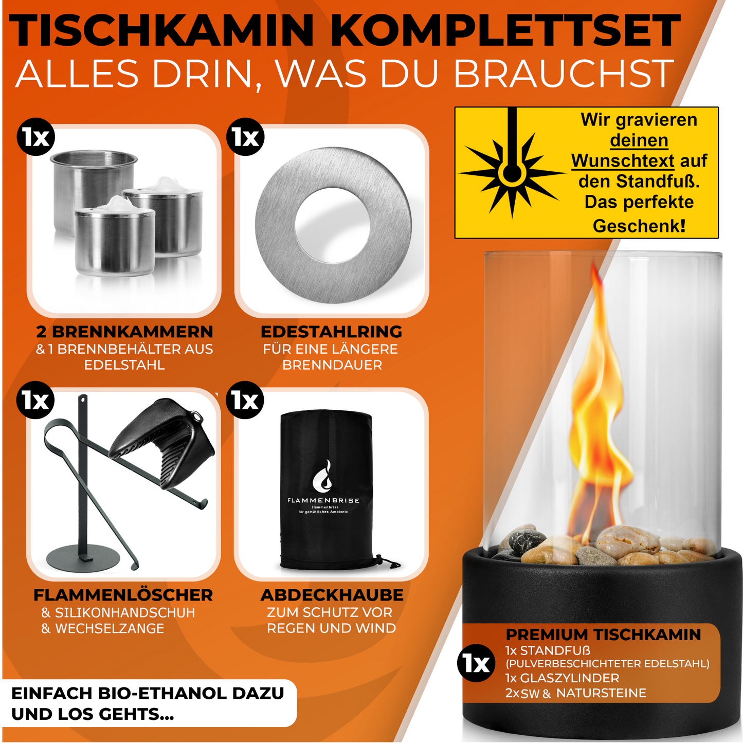 Tischkamin mit Wunschgravur | Tischfeuer für Indoor und Outdoor